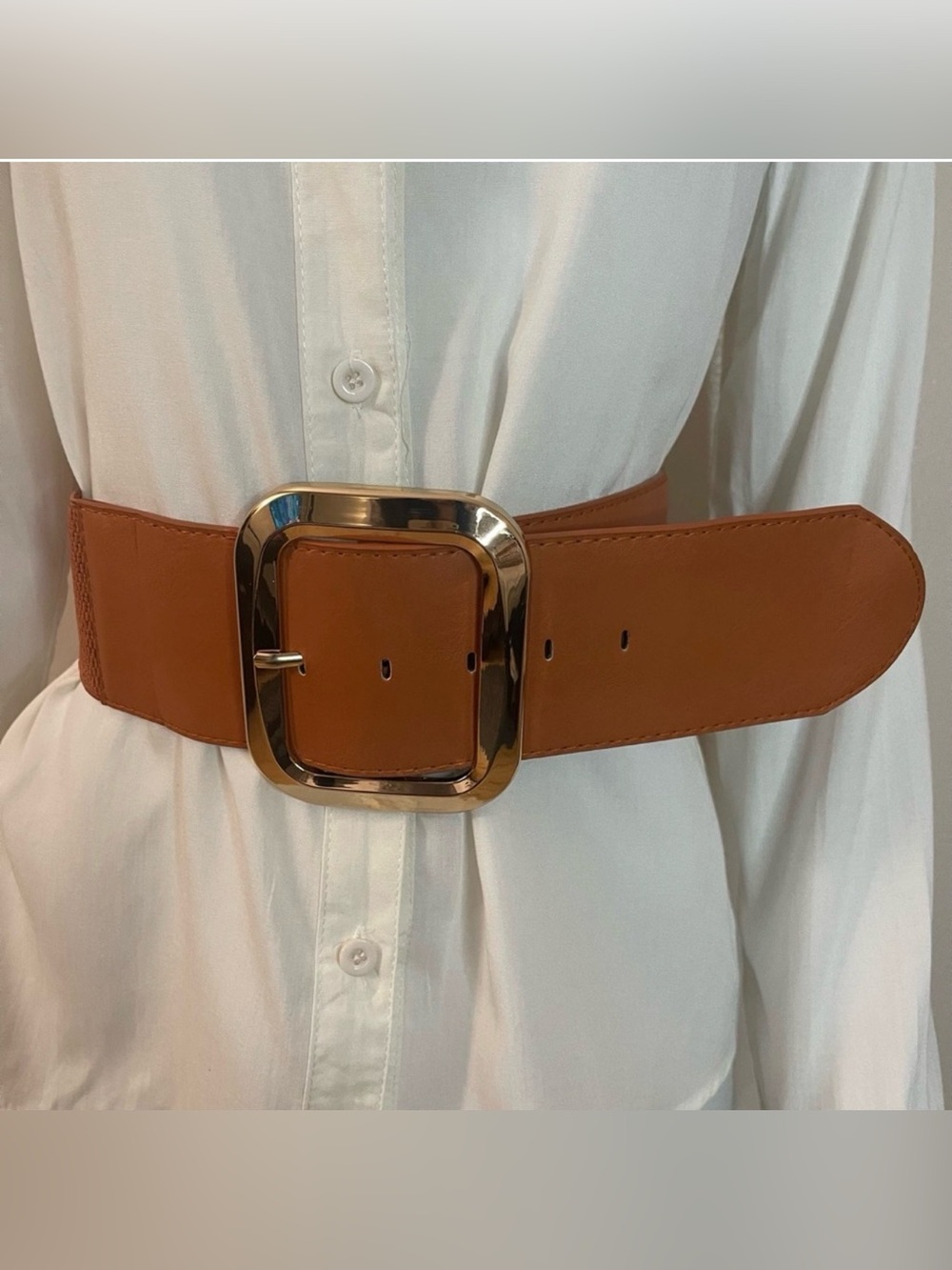 Brown faux leather chunky square buckle elastic waistband belt